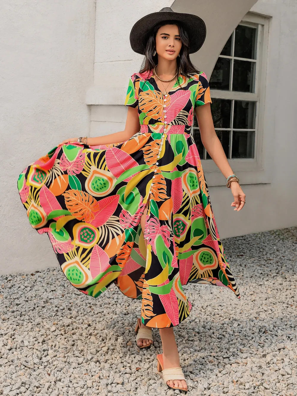 Tropical Print V-Neck Short Sleeve Midi Dress