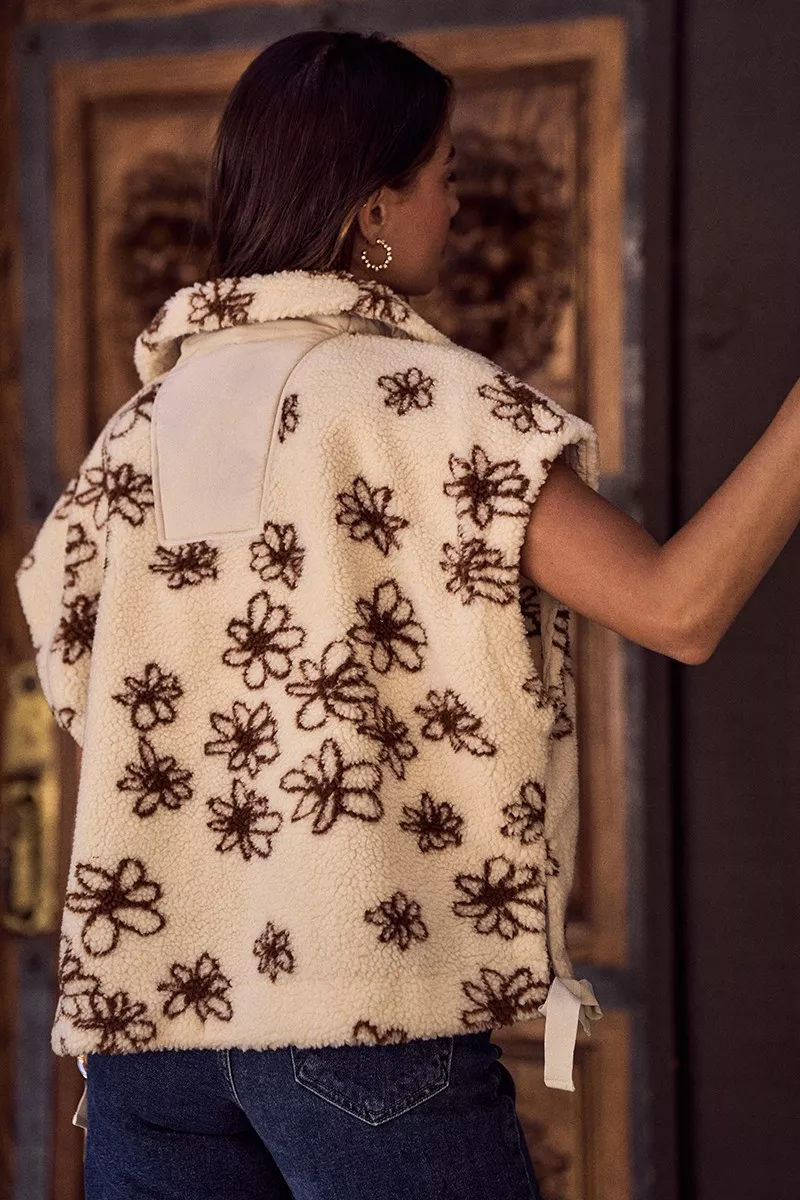 Flower Sherpa Fur Oversized Sleeveless Vest Jacket, image 3