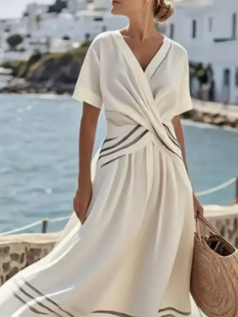 Full Size Striped Surplice Half Sleeve Midi Dress Plus Size, image 17