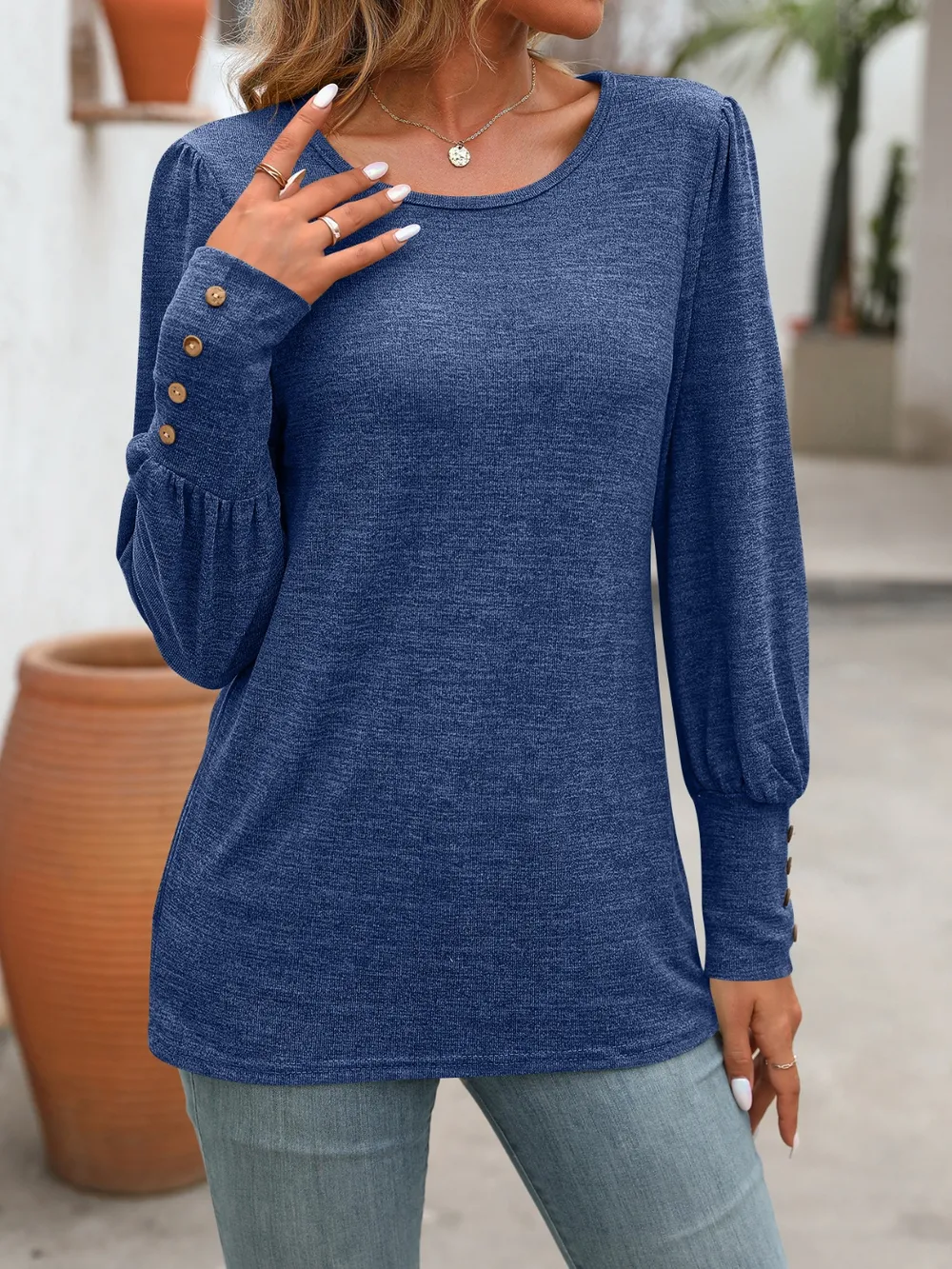 Decorative Button Round Neck Long Sleeve T-Shirt, image 6