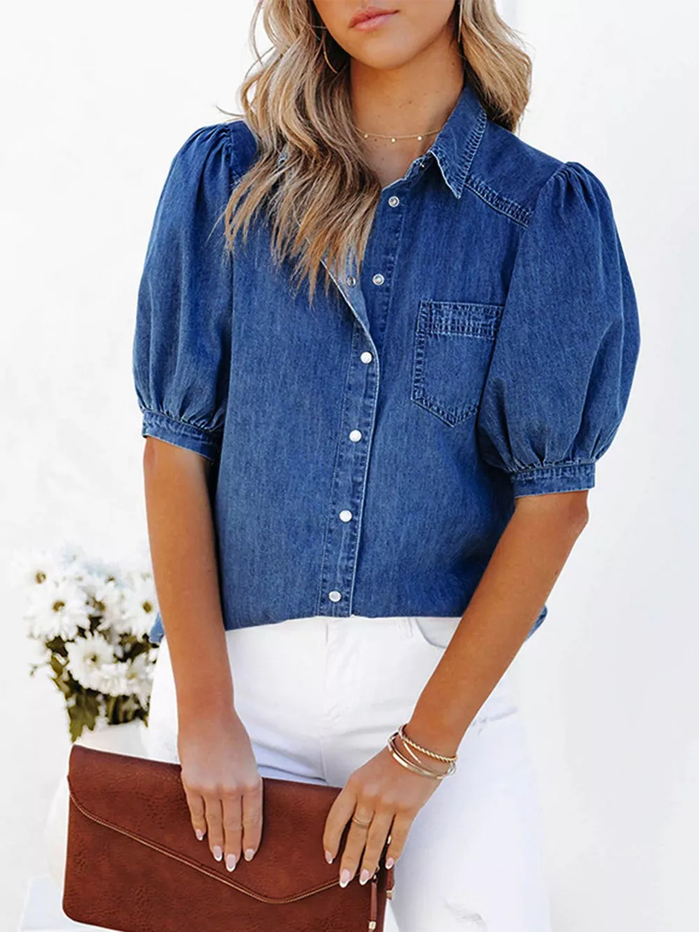 Puff Sleeve Button-Down Denim Top, image 6