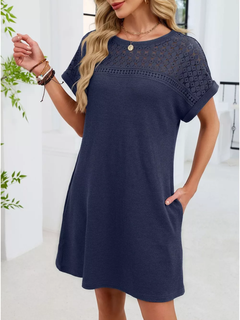 Lace Round Neck Short Sleeve T-Shirt Dress, image 19
