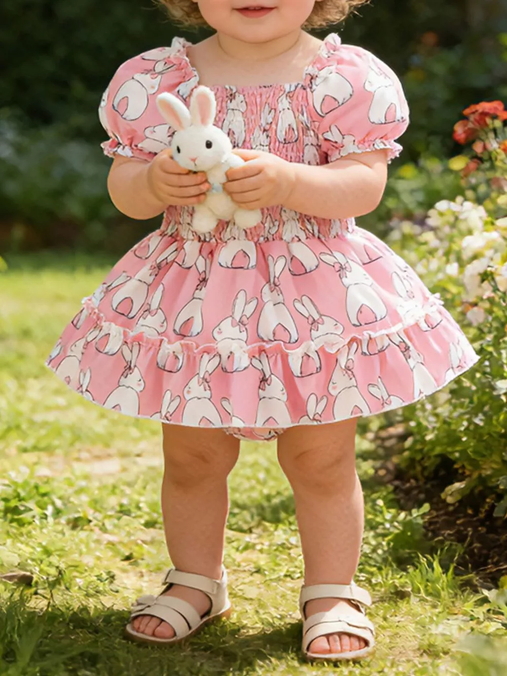 Children's Bunny Print Smocked Dress & Headband Set, image 2
