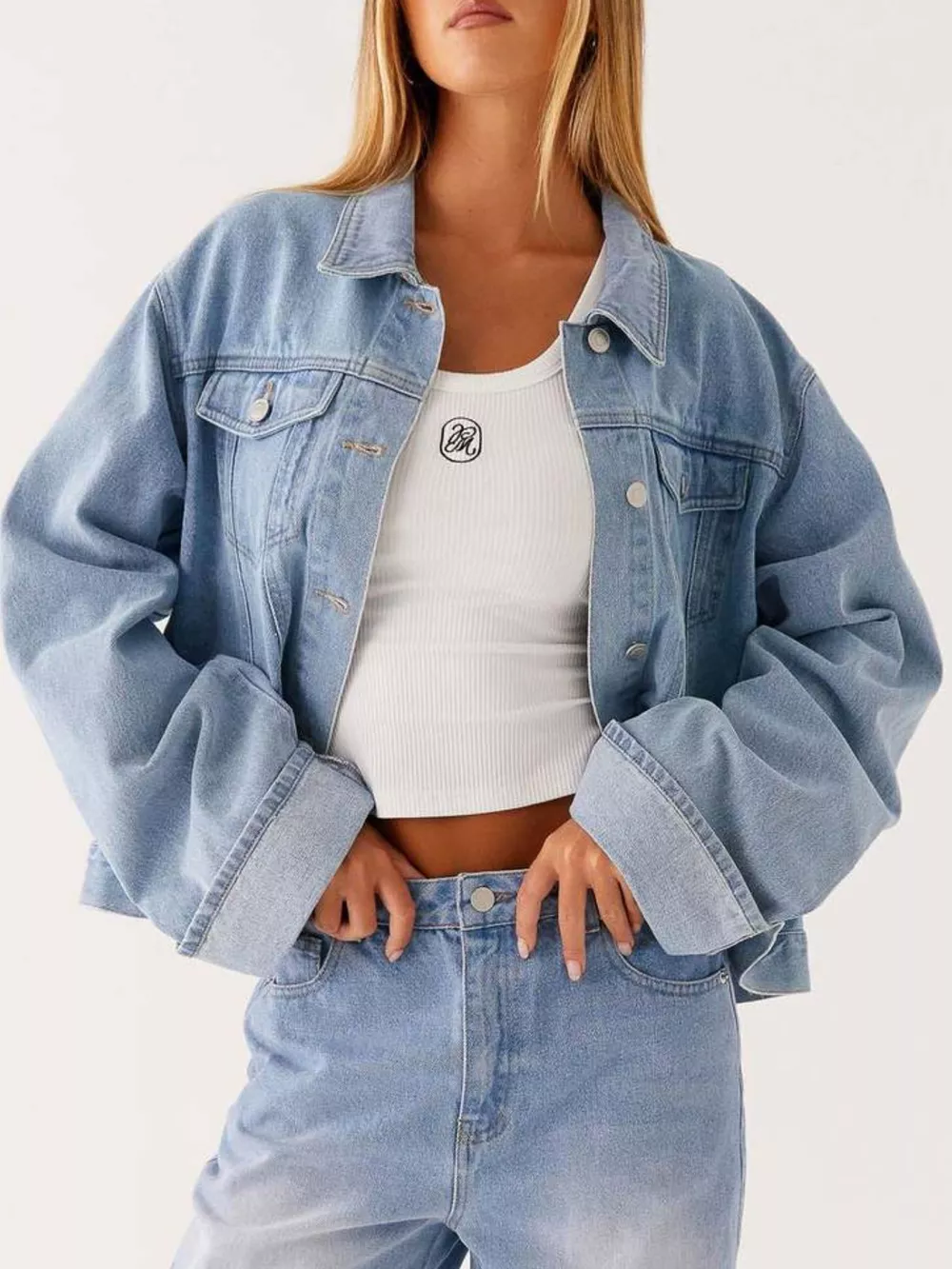 Button Down Cropped Oversized Denim Jacket, image 17