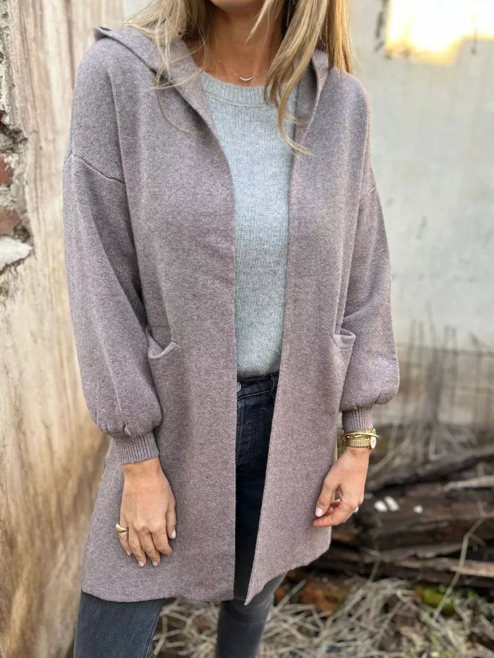 Full Size Open Front Drop Shoulder Hooded Cardigan Plus Size, image 14