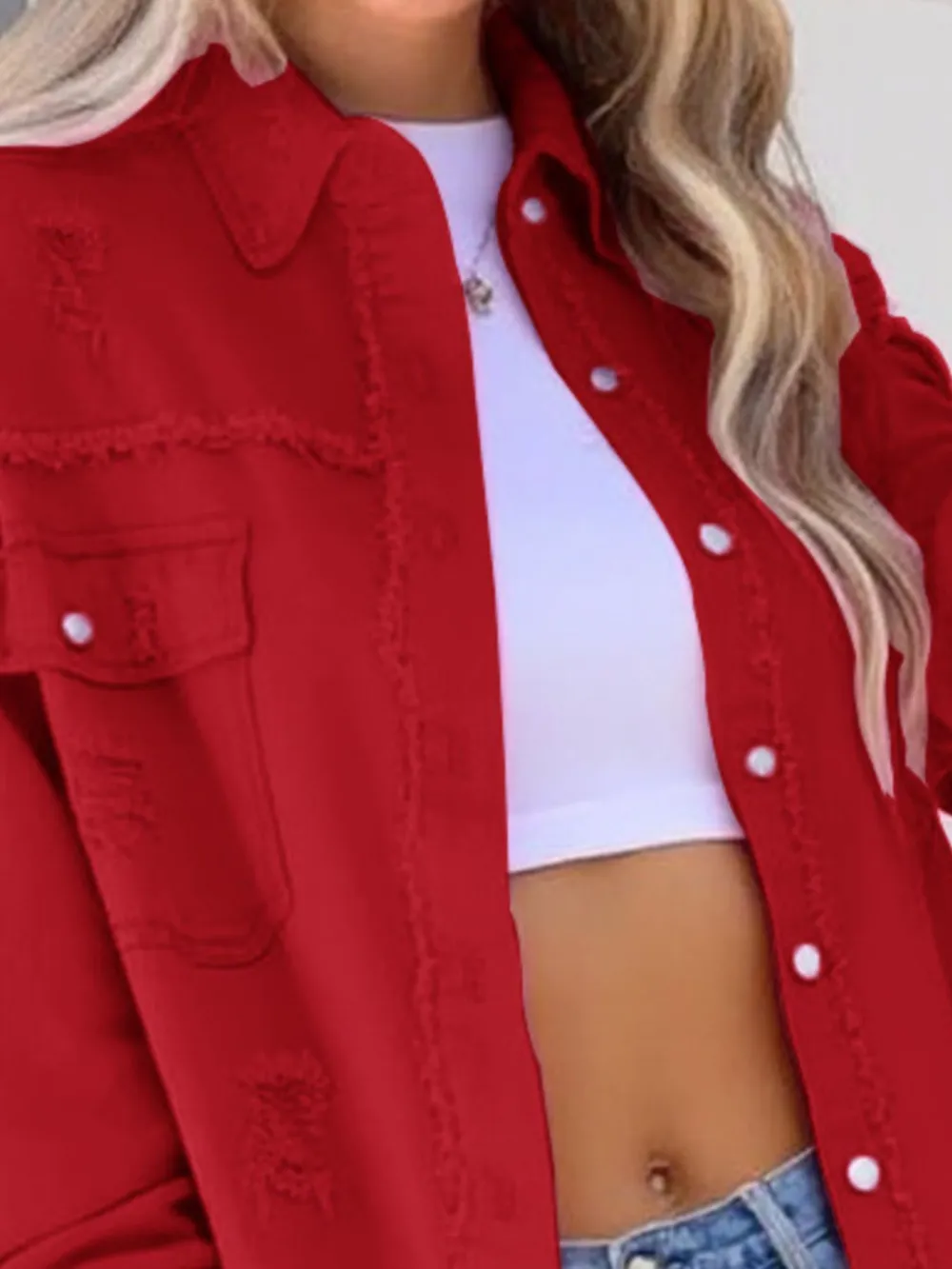 Distressed Denim Jacket with Frayed Edges, image 17