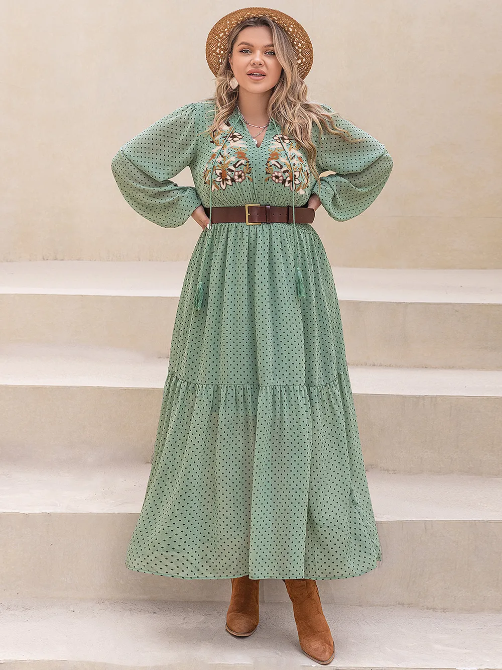 Plus Size Tassel Printed Tie Neck Long Sleeve Midi Dress, image 6