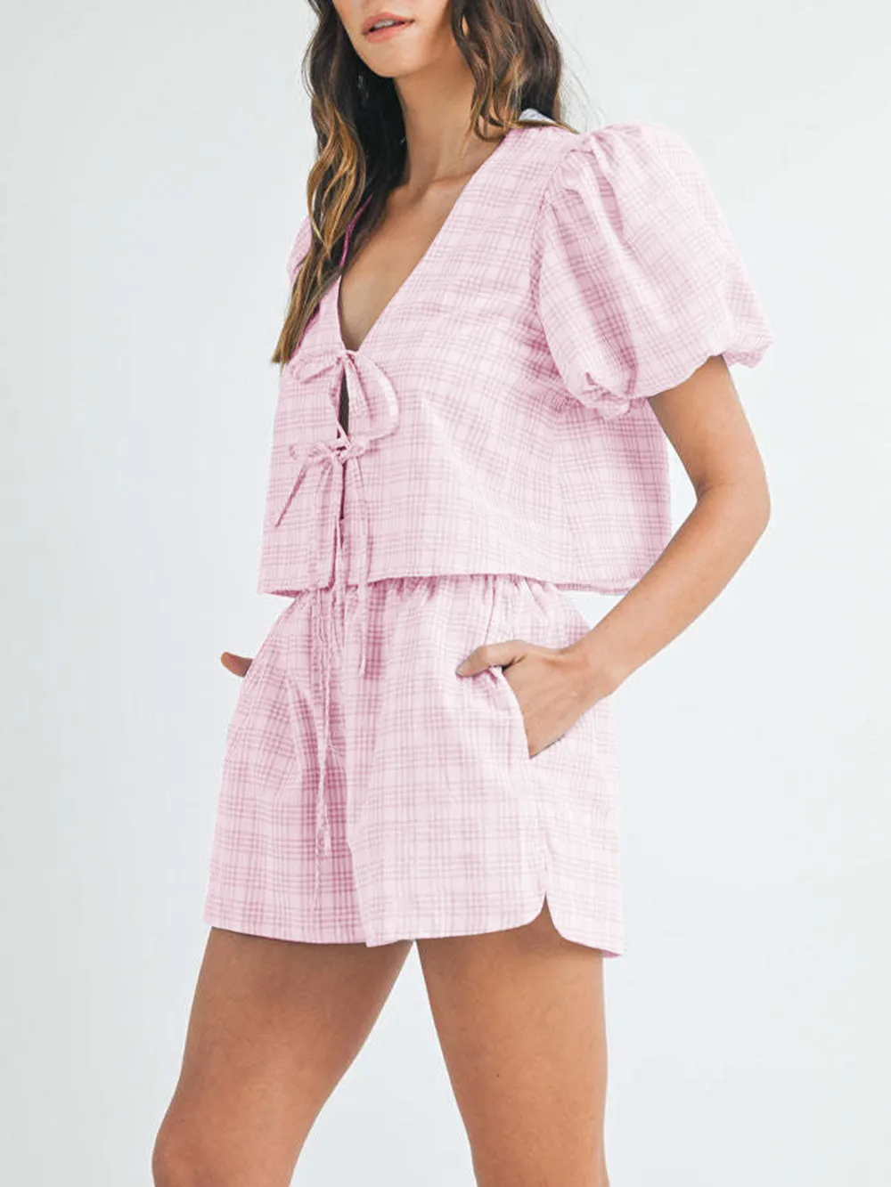 V-Neck Puff Sleeve Top and Shorts Set, image 8