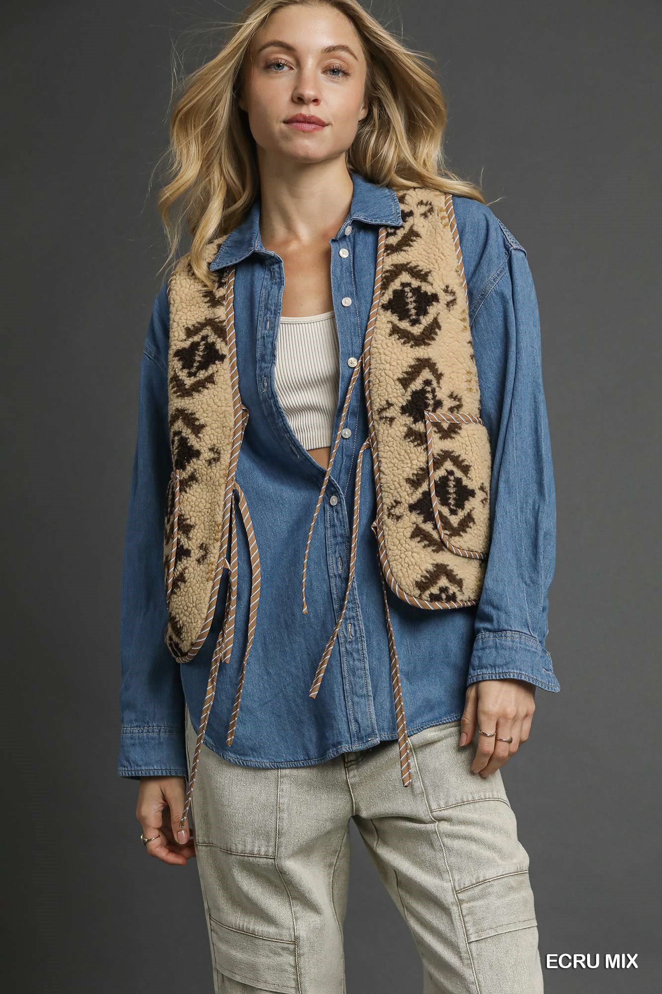 Mix Patterned Sherpa Tie-Front Vest