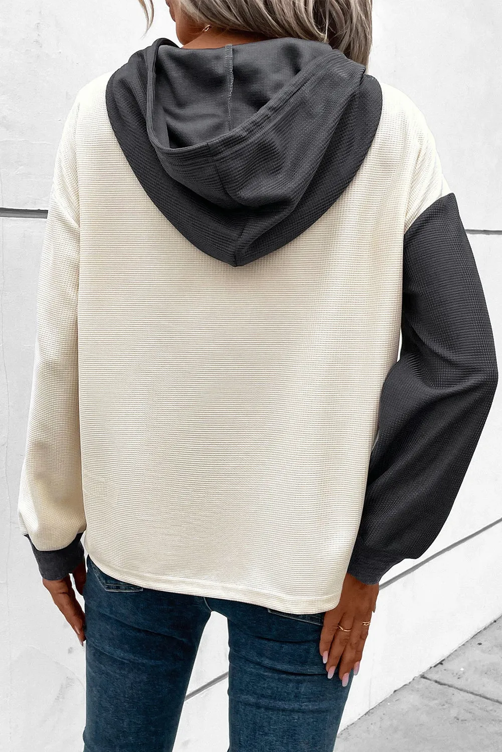 Drawstring Quarter Button Contrast Long Sleeve Hoodie, image 3