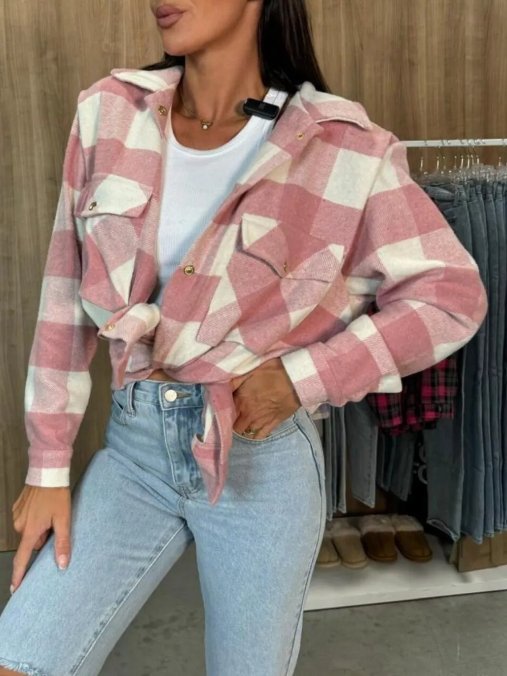 Plaid Button-Down Long Sleeve Shacket, image 4