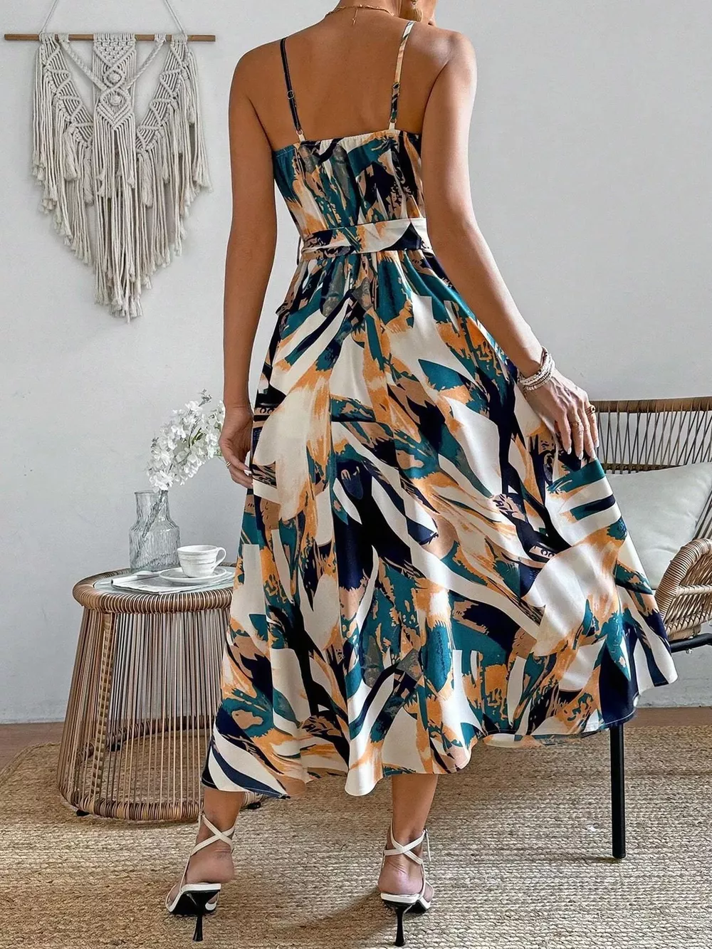 Abstract Print Tie Waist Cami Dress, image 11