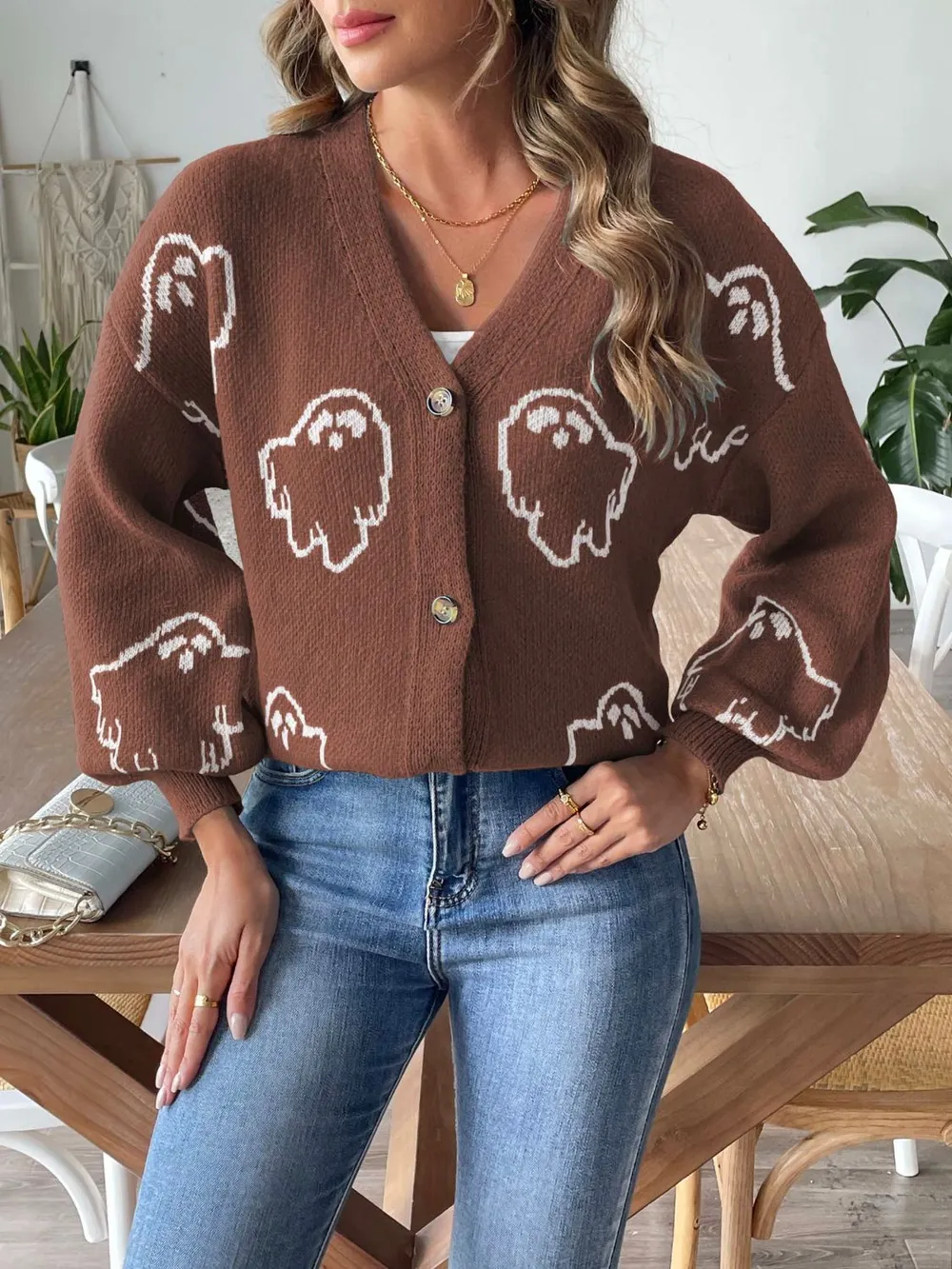 V-Neck Dropped Shoulder Cardigan, image 2