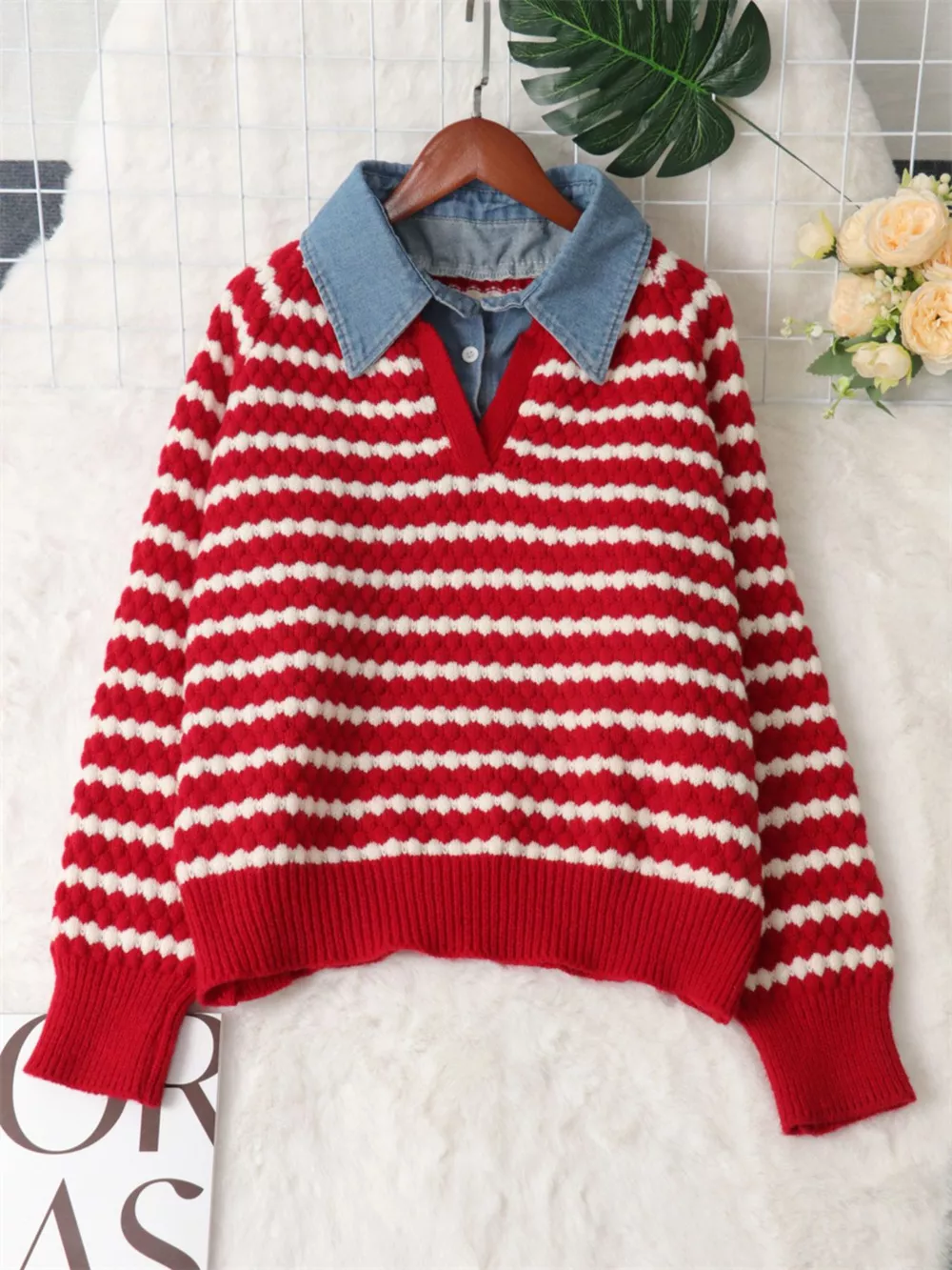 Contrast Striped Sweater with Denim Collar, image 11