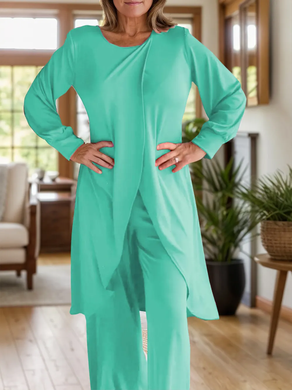 Full Size Slit Round Neck Long Sleeve Top and Pants Set, image 8