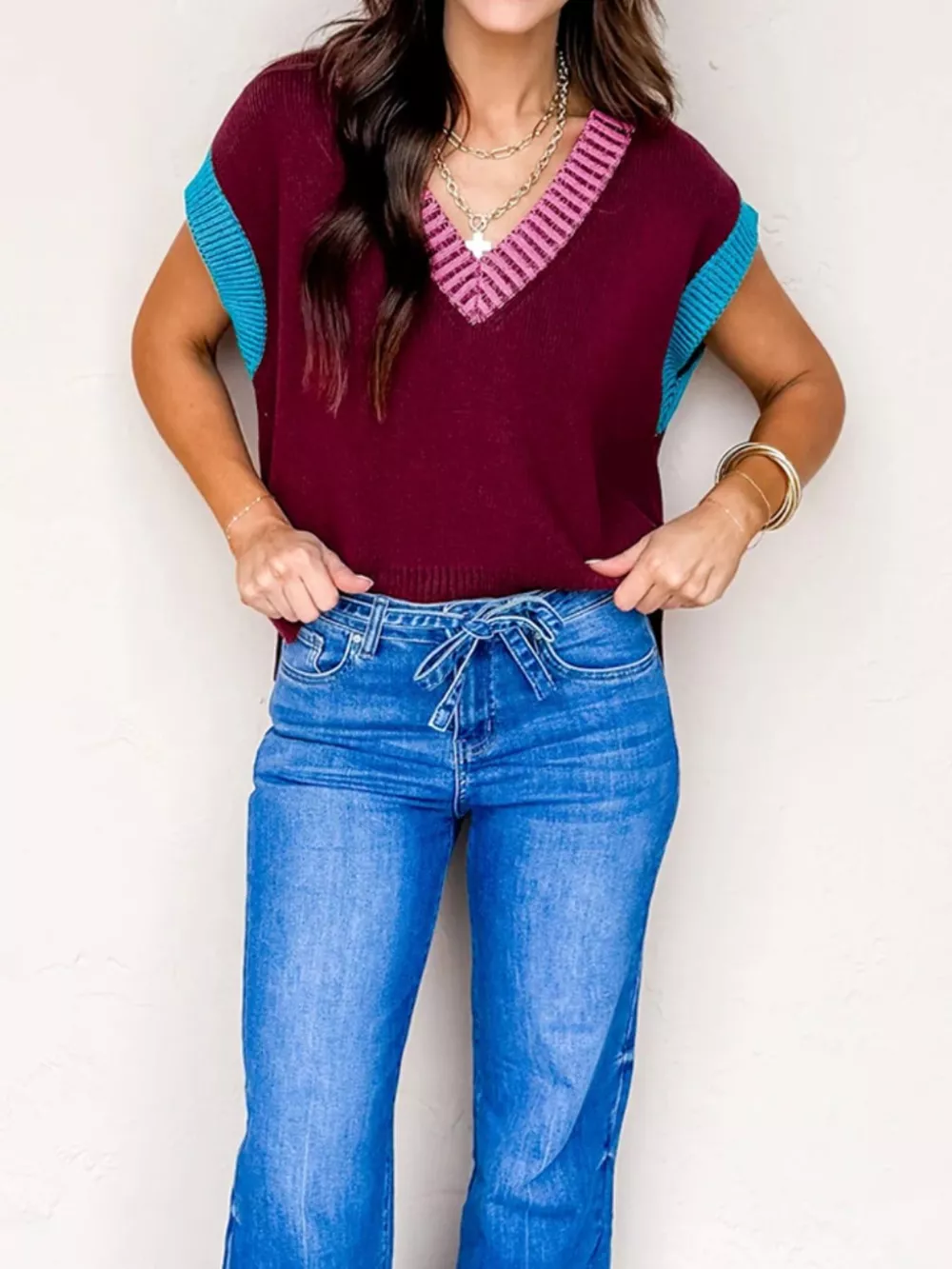 Contrast Trim V-Neck Sweater Vest, image 4