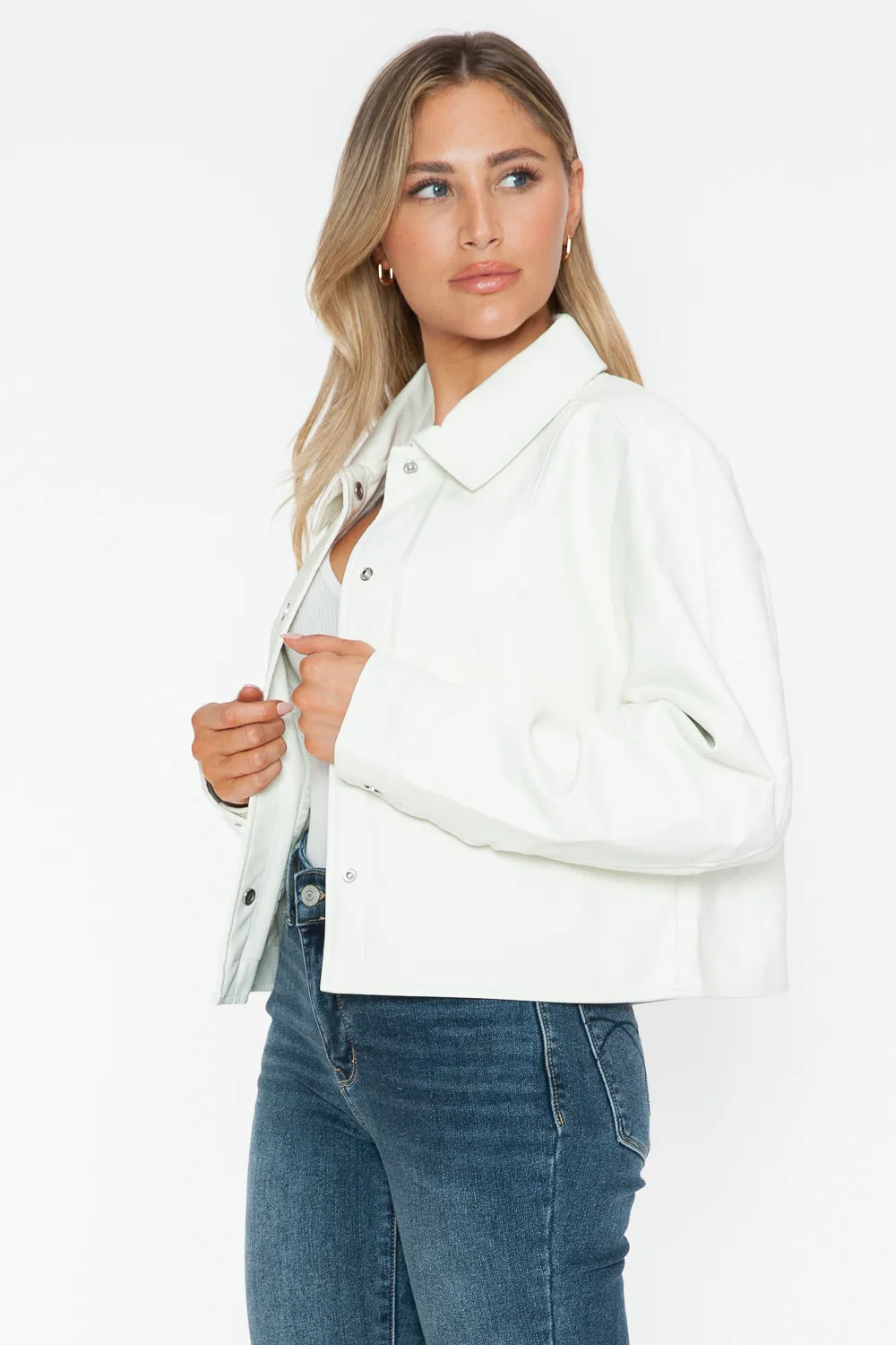 Snap Down Long Sleeve PU Leather Jacket, image 8