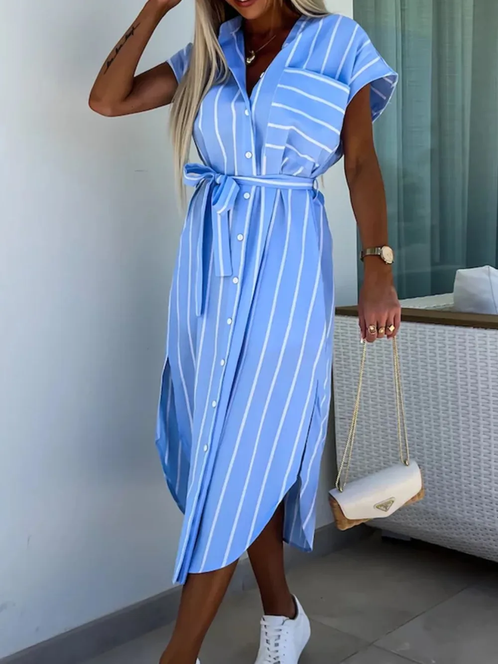 Striped Tie Waist Short Sleeve Dress, image 10