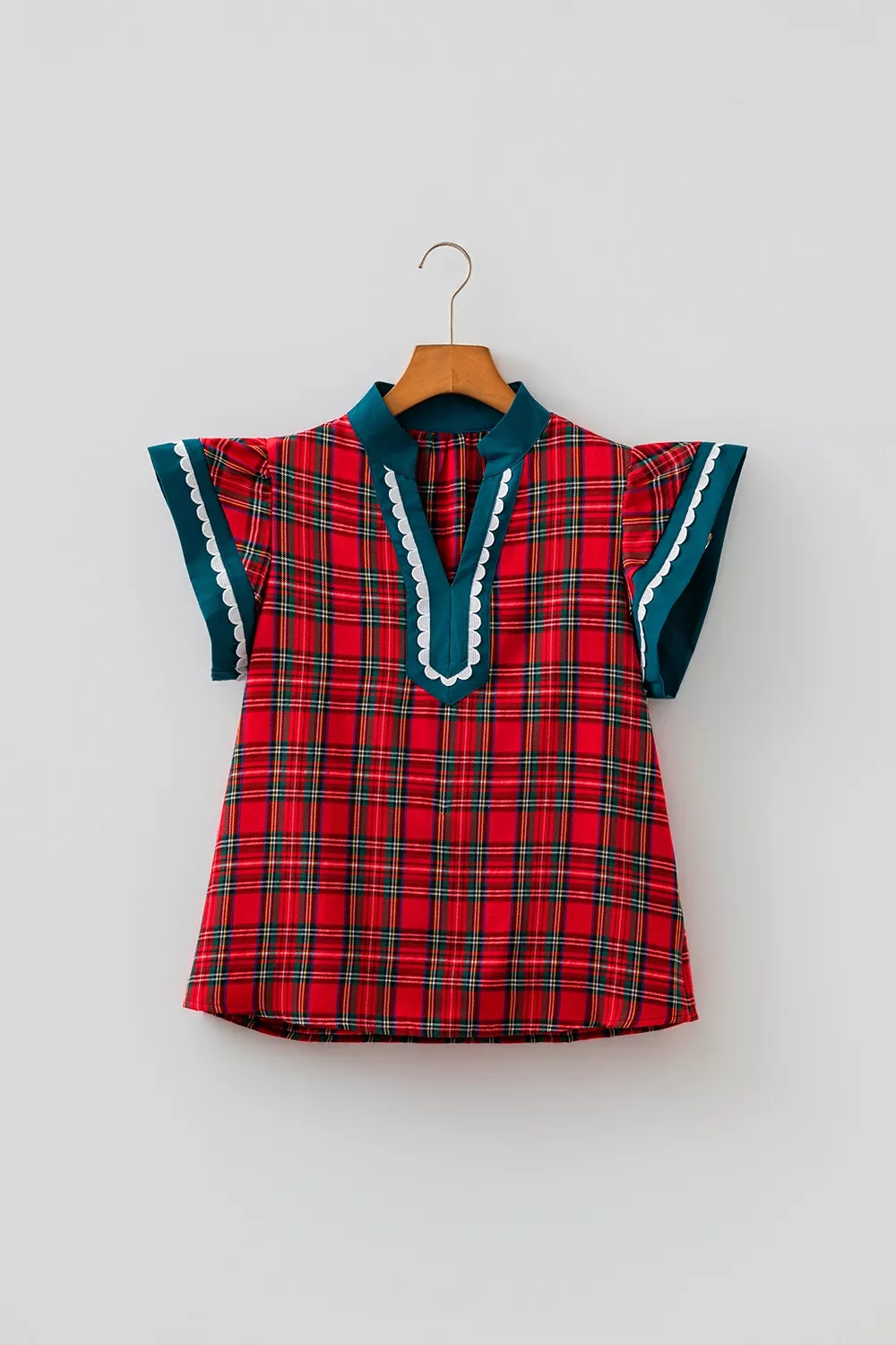 Plaid V Neck Short Sleeve Shift Blouse, image 3