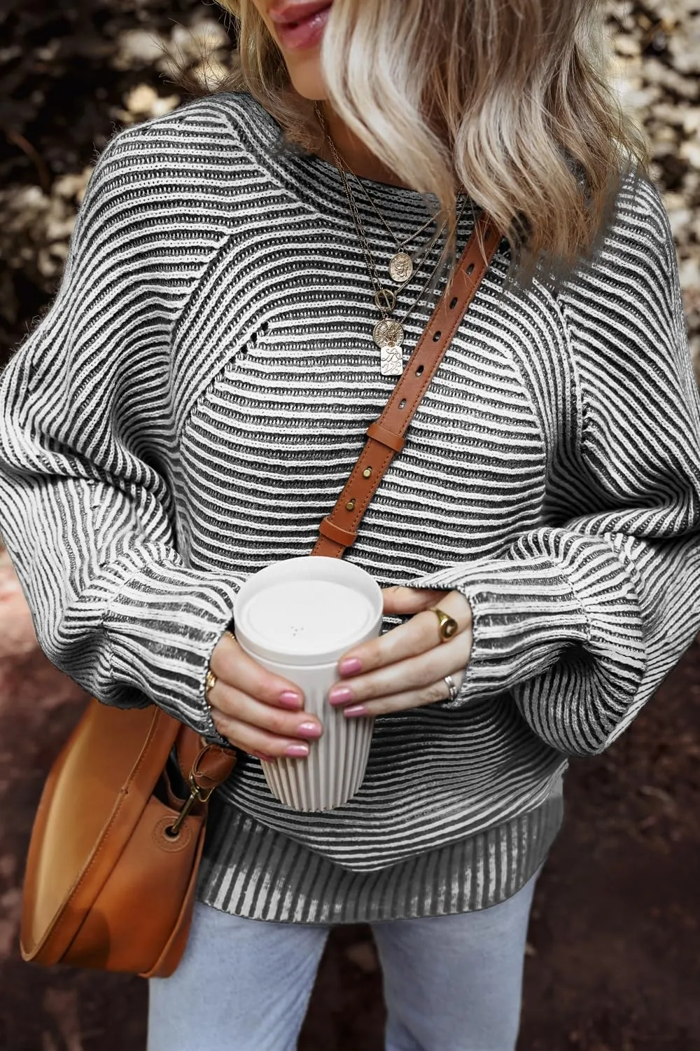 Textured Striped Round Neck Long Sleeve Top, image 2