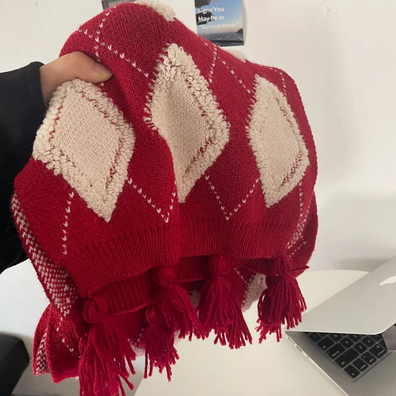 Diamond Pattern Knitted Tassel Scarf, image 2