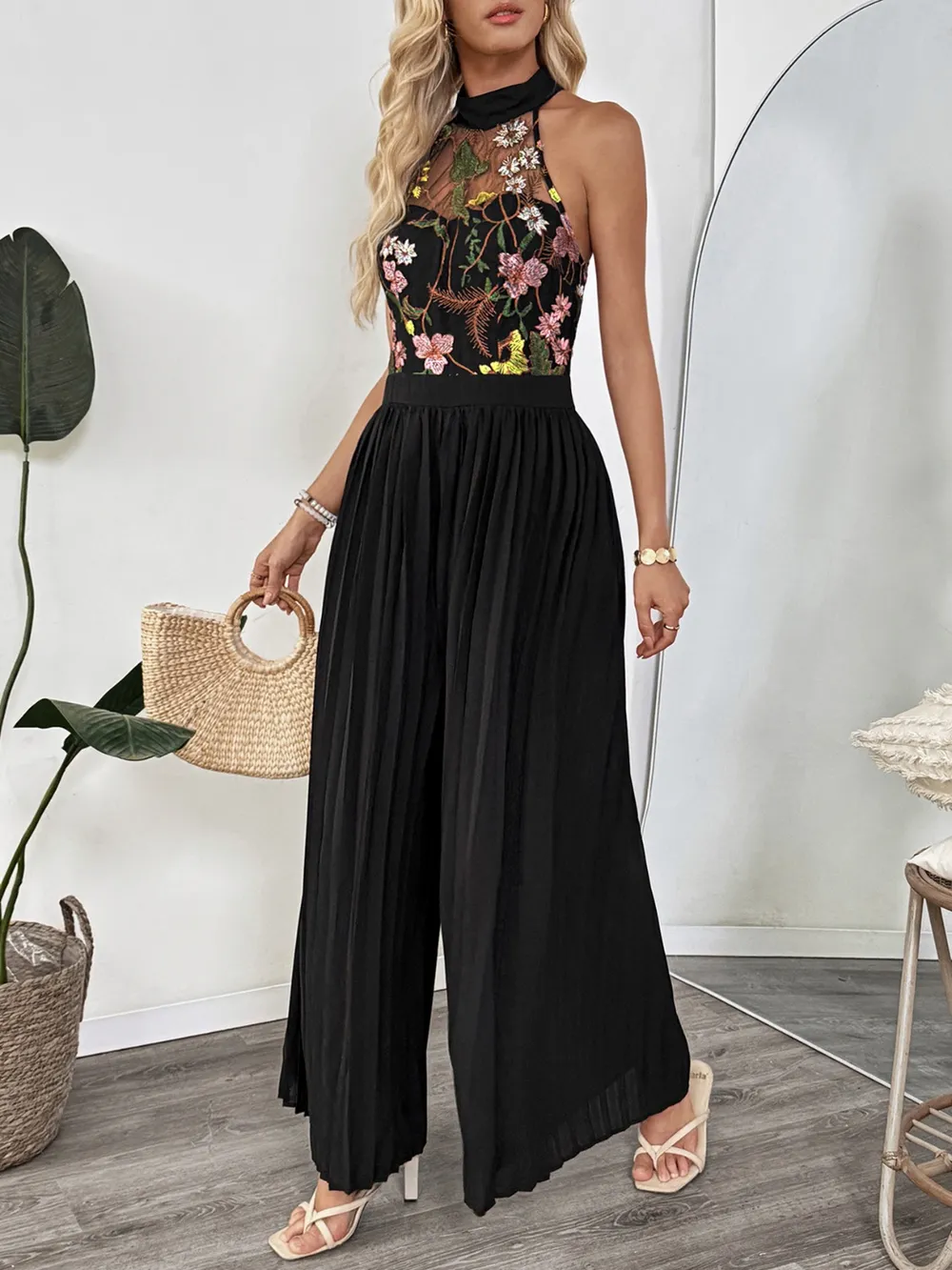 Floral Embroidered Halter Neck Pleated Jumpsuit, image 6