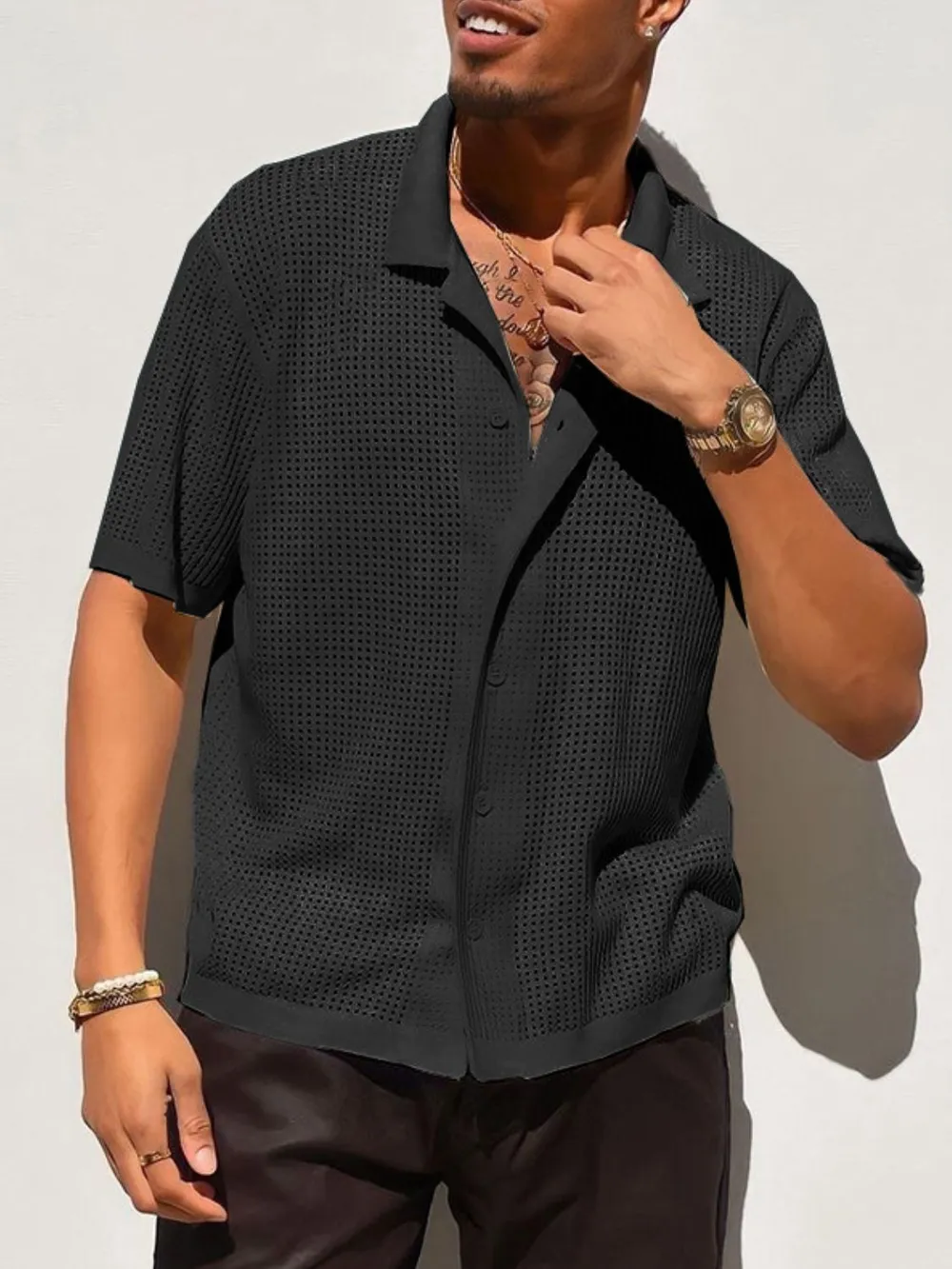 Men's Full Size Openwork Button Down Collared Neck Shirt Plus Size, image 7