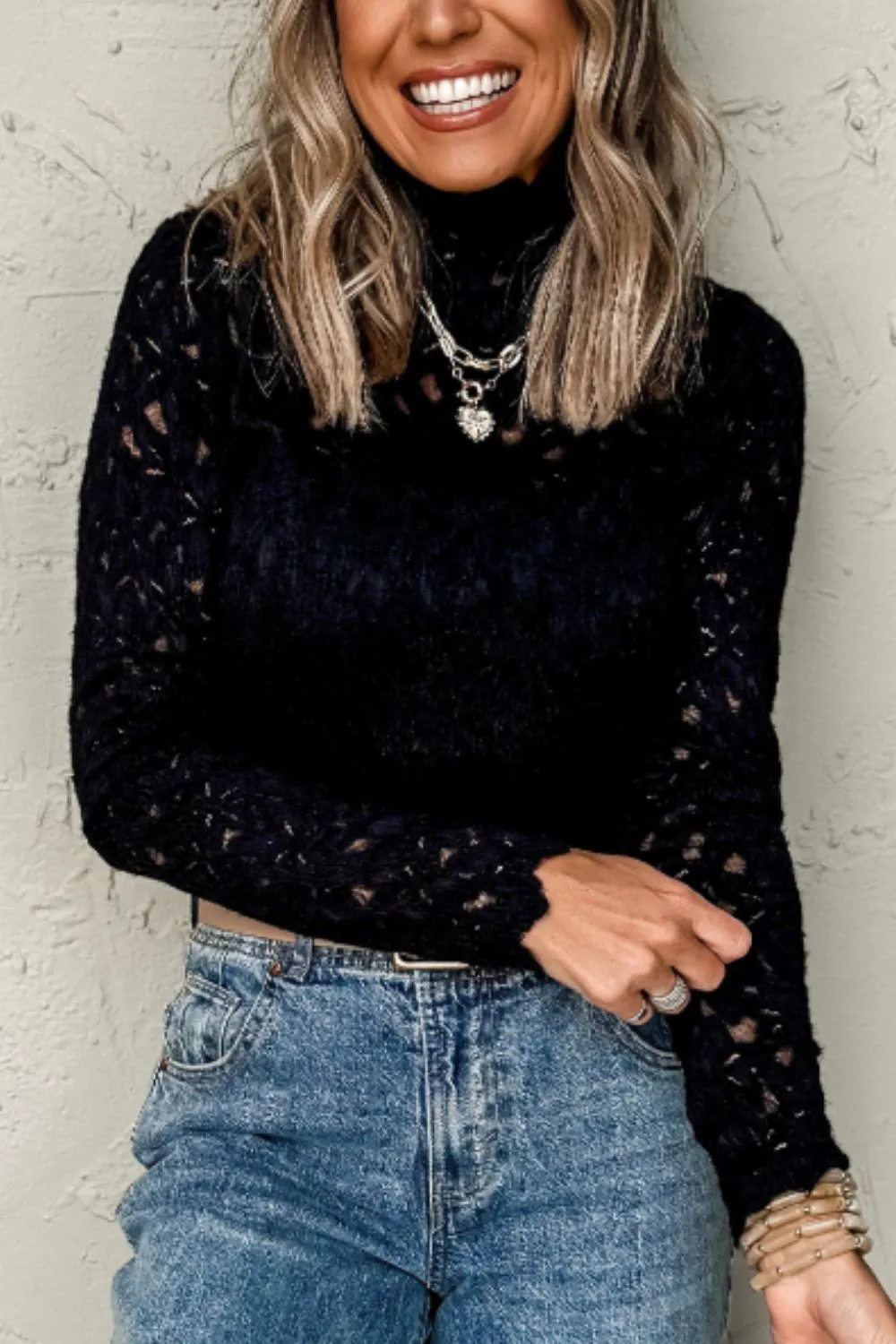 Crochet Turtleneck Long Sleeve Top, image 3