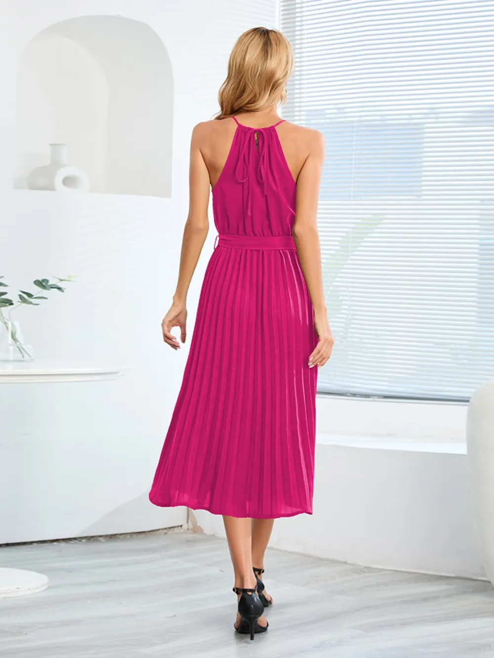 Pleated Spaghetti Strap Tie Waist Midi Dress, image 30