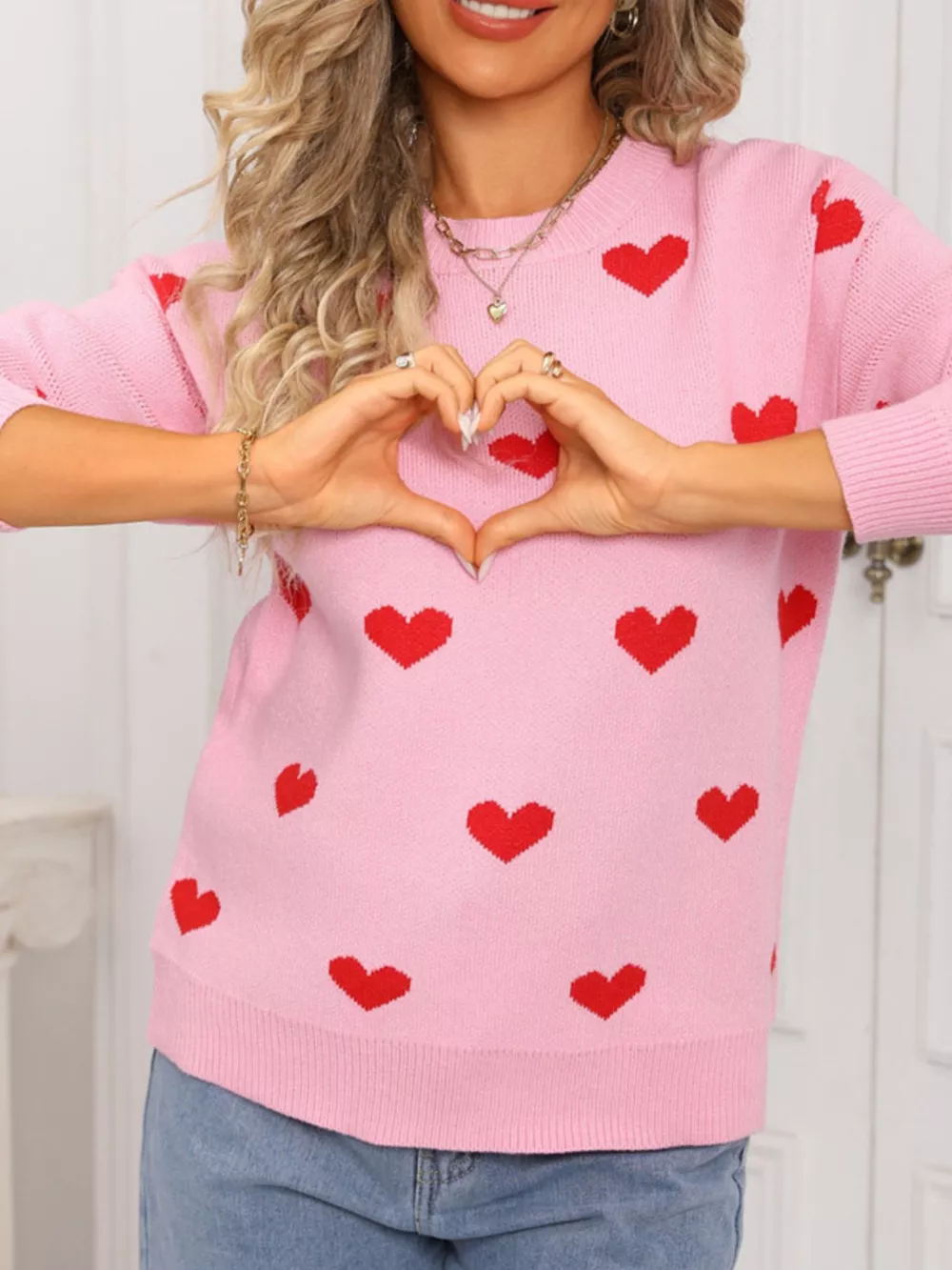 Valentine's Day Heart Pattern Dropped Shoulder Sweater, image 9