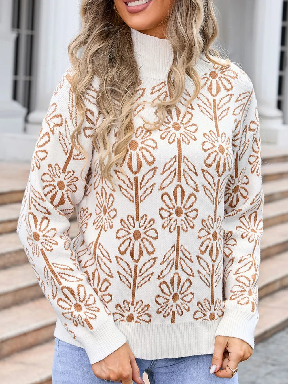 Flower Turtleneck Long Sleeve Sweater, image 3