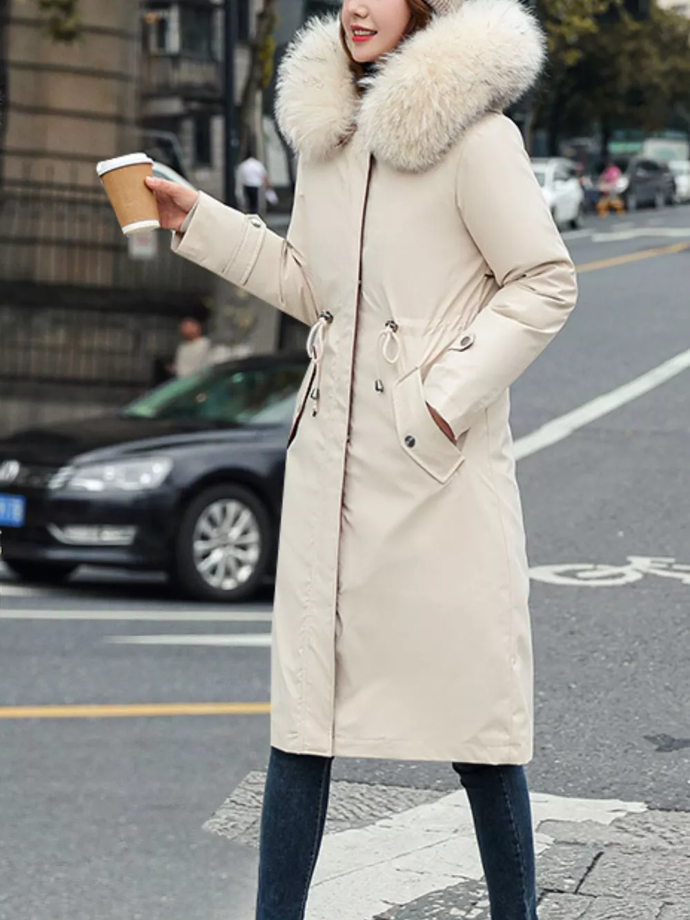 Plus Size Detachable Longline Hooded Parka with Faux Fur Trim and Drawstring Waist, image 24