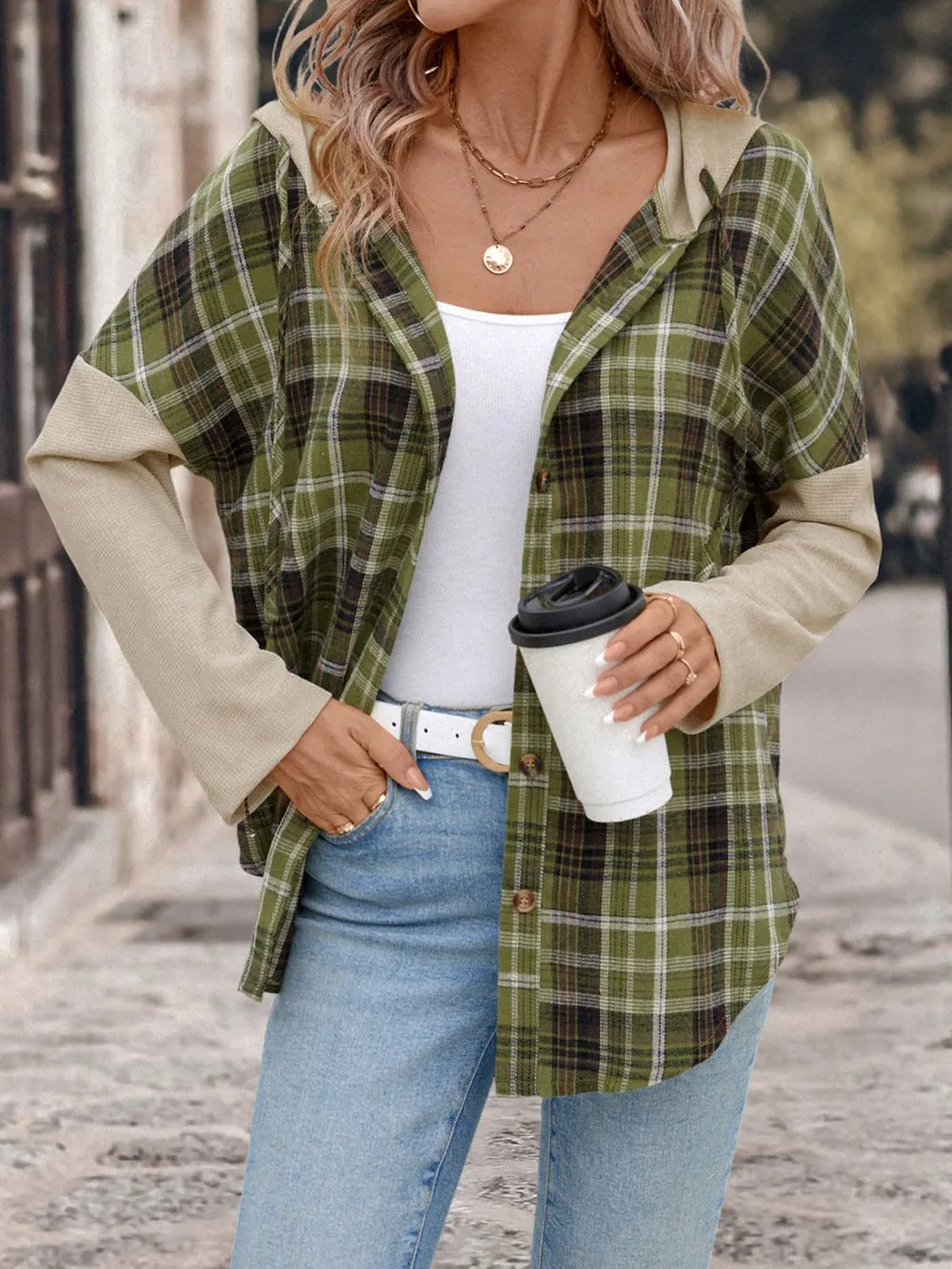 Drawstring Plaid Long Sleeve Hooded Shirt, image 7