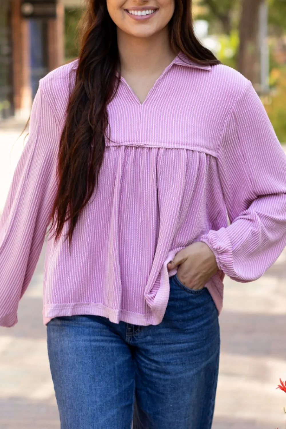 Corded Johnny Collar Long Sleeve Babydoll Blouse, image 18