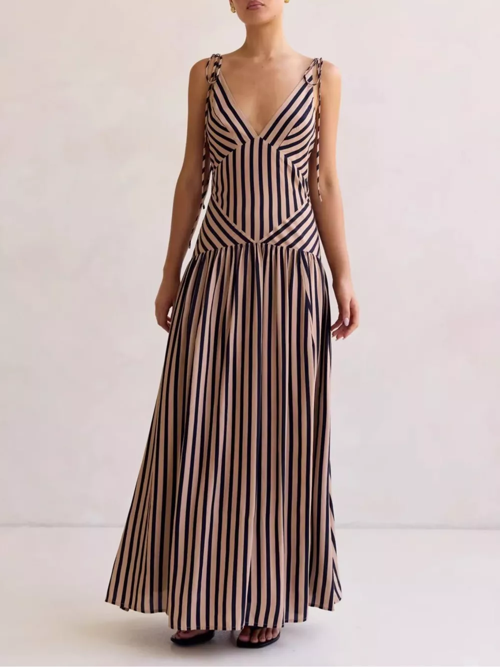 Striped V-Neck Tie-Shoulder Maxi Dress, image 5