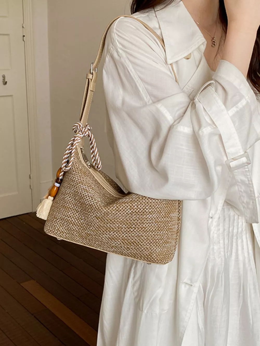 Woven Shoulder Bag with Tassel, image 3