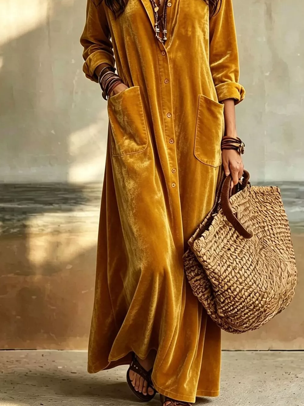 Bohemian Velvet Button-Down Maxi Dress, image 3