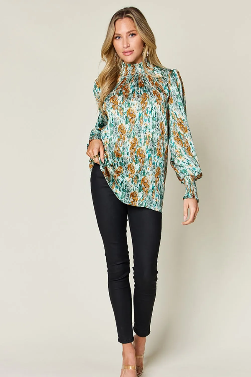 Full Size Printed Smocked Long Sleeve Blouse, image 32
