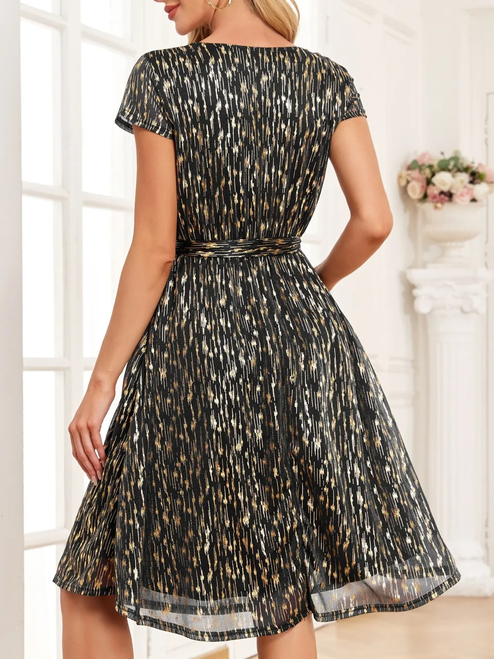 V-Neck Metallic Print Dress, image 6