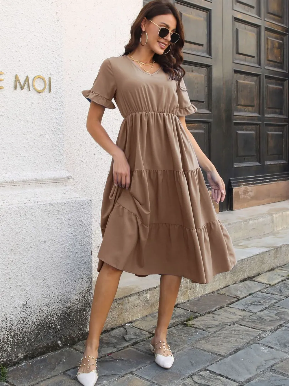 V-Neck Short Sleeve Midi Dress, image 11