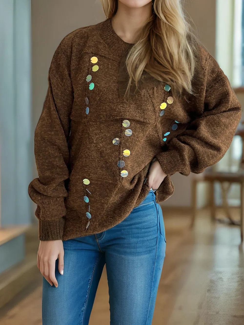 Sequin Mock Neck Long Sleeve Sweater, image 8