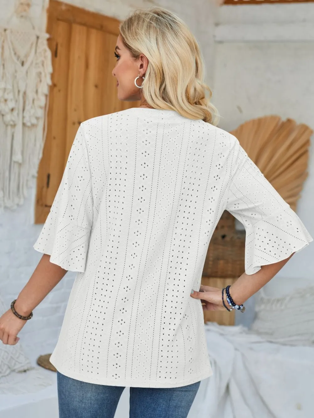 Eyelet Notched Half Sleeve T-Shirt, image 7