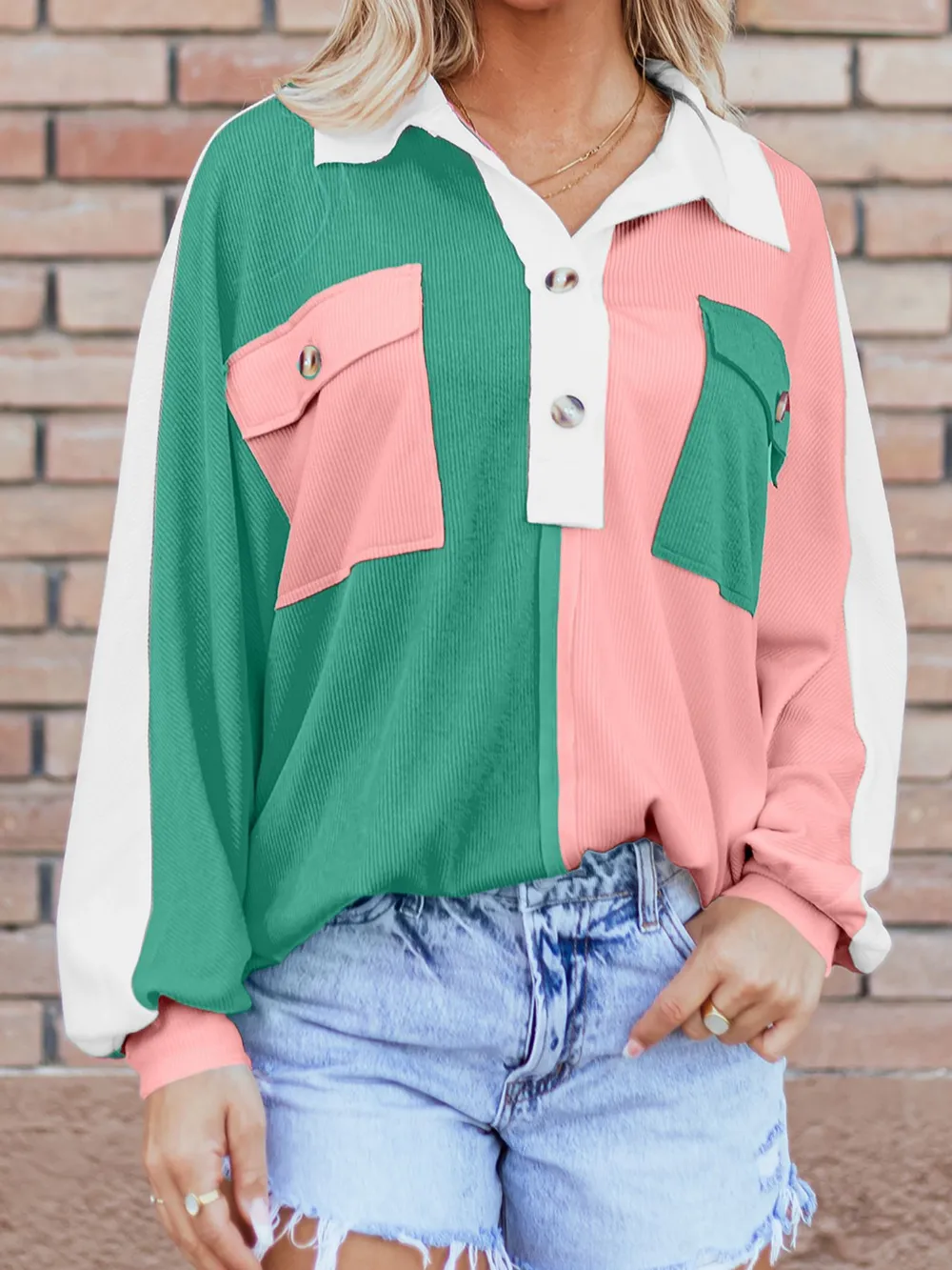 Color Block Button Front Collared Neck Sweatshirt, image 8