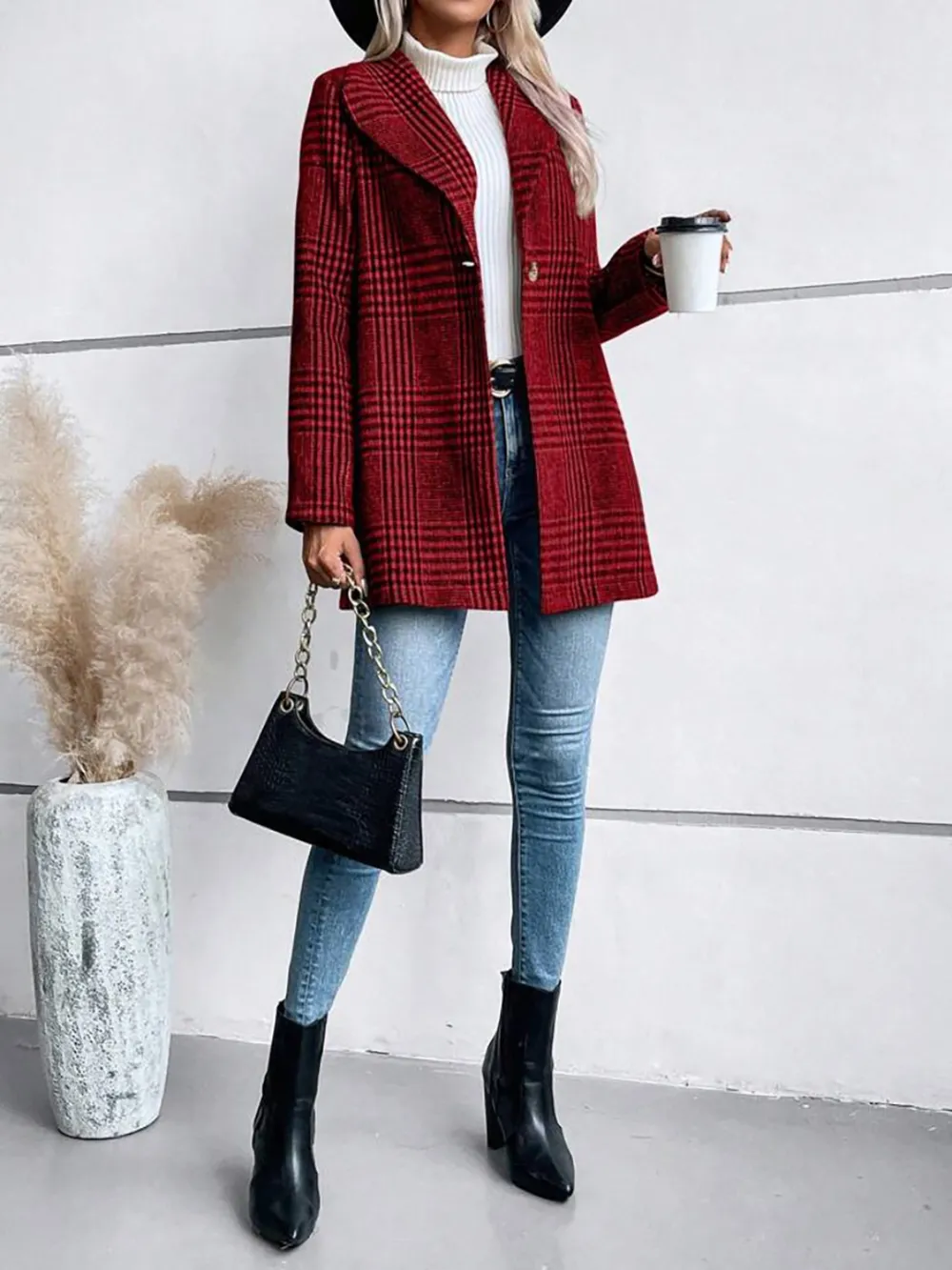 Plaid Collared Neck Long Sleeve Jacket, image 3