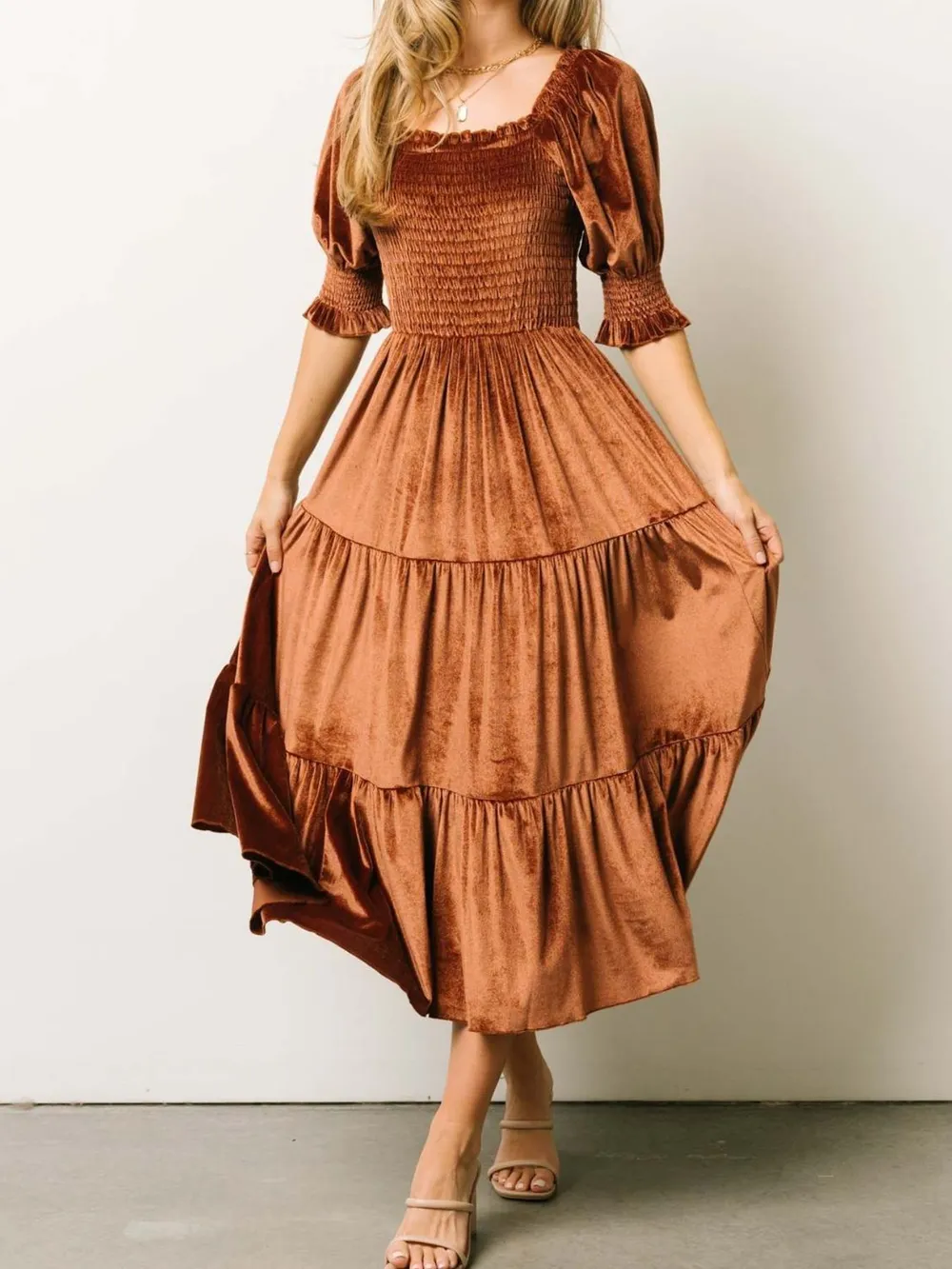 Smocked Half Sleeve Tiered Midi Dress, image 11