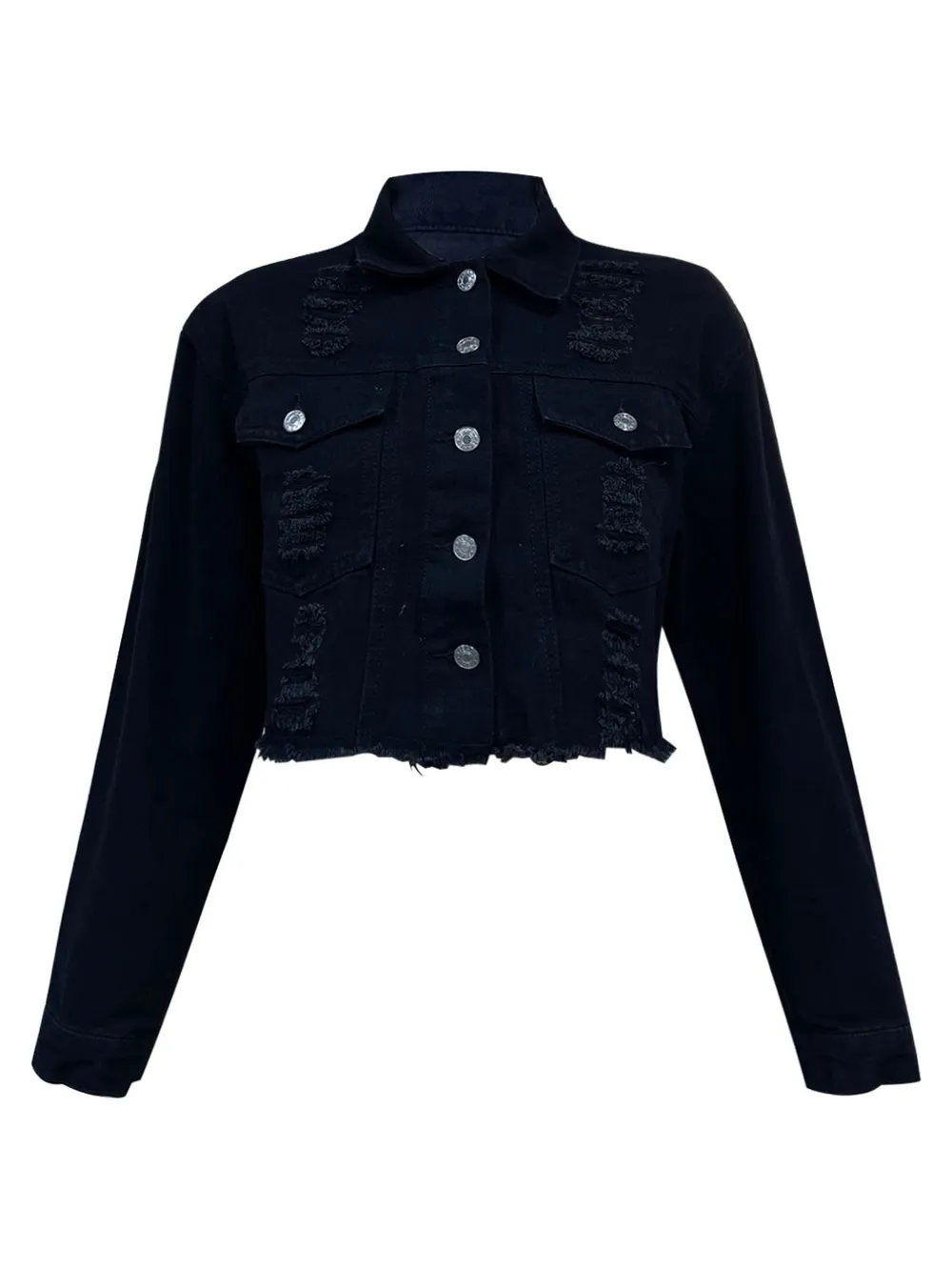 Distressed Collared Neck Long Sleeve Denim Top, image 3