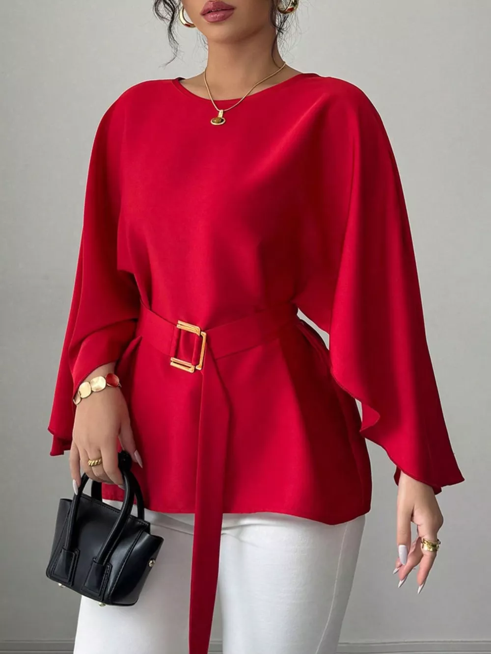 Round Neck Belt Batwing Sleeve Blouse, image 4