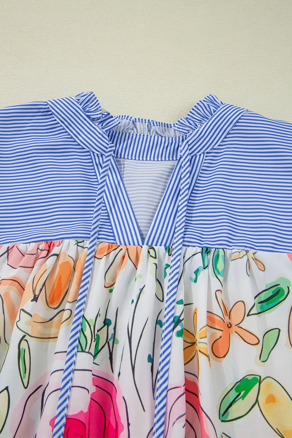 Floral Striped Yoke Frilled Tie Neck Puff Short Sleeve Blouse, image 7