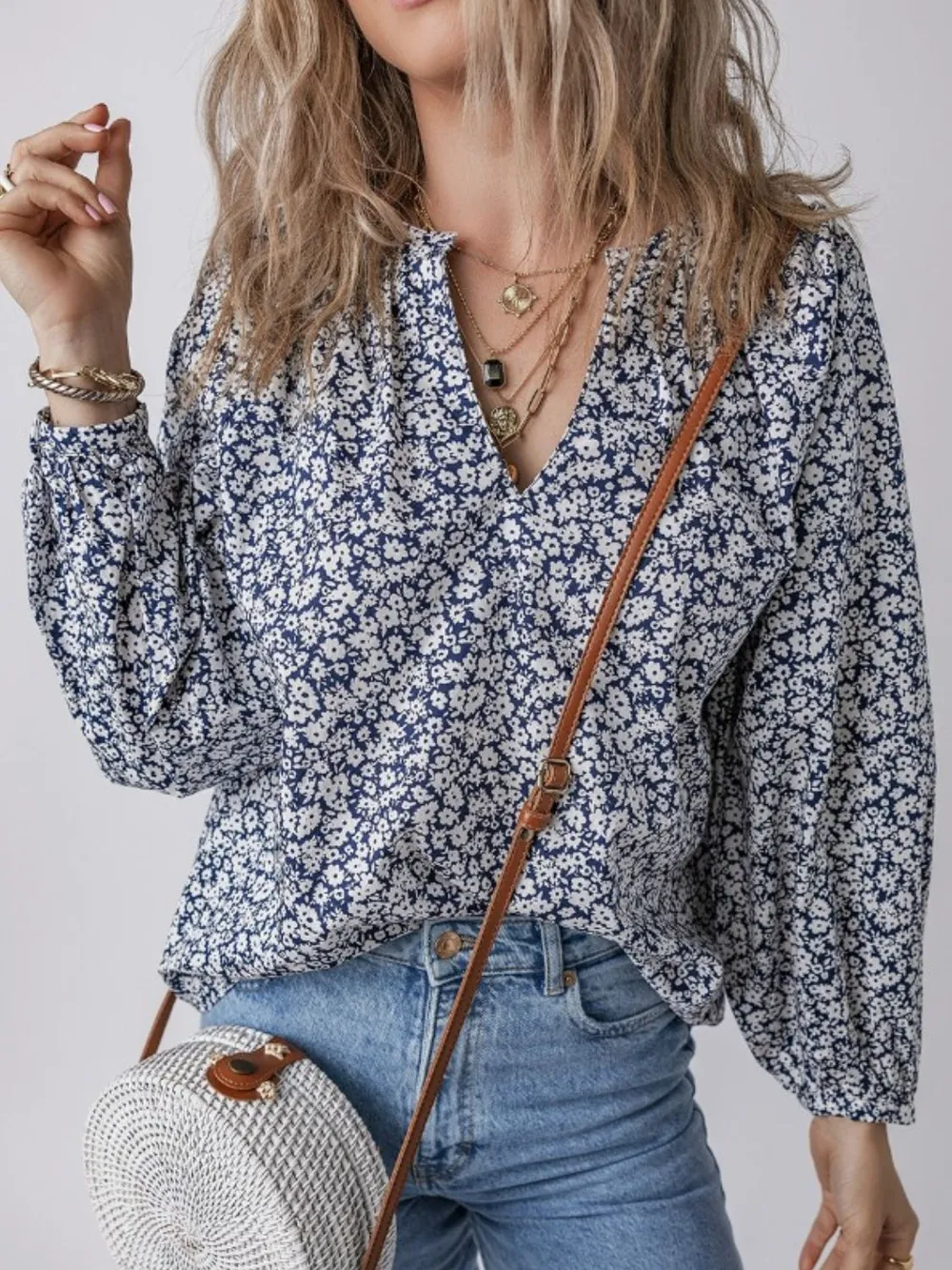 Floral Print Notched Long Sleeve Blouse, image 7