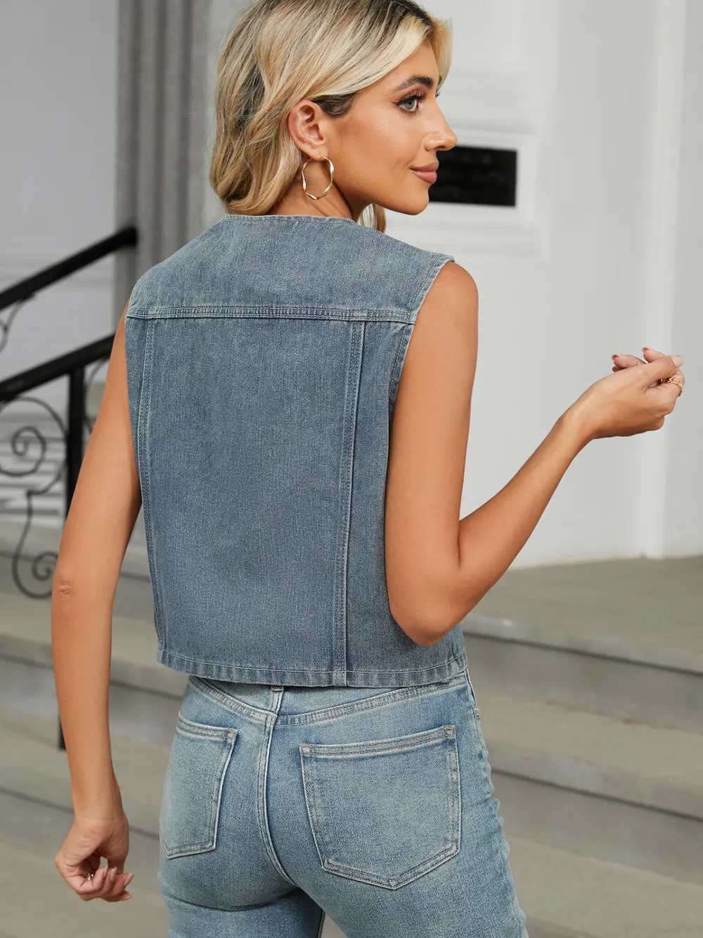 V-Neck Button Down Denim Vest, image 6